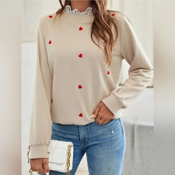 SHEIN Frenchy Heart Embroidery Contrast Lace Sweatshirt Size M UK 10 - Picture 4 of 13